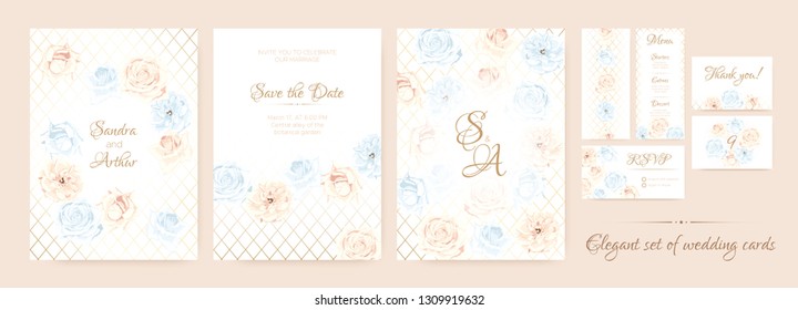 Wedding Invitation Collection in Pastel Colors Design. Vector Floral Background in Watercolor Style. Vintage Roses, Elegant Wedding Card Template. Wreath of Flowers Bouquet, Rustic Wedding Decoration.