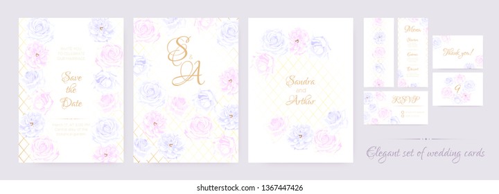 Wedding Invitation Collection in Pastel Colors Design. Vector Floral Background in Watercolor Style. Vintage Roses, Elegant Wedding Card Template. Wreath of Flowers Bouquet, Rustic Wedding Decoration.