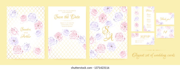 Wedding Invitation Collection in Pastel Colors Design. Vector Floral Background in Watercolor Style. Vintage Roses, Elegant Wedding Card Template. Wreath of Flowers Bouquet, Rustic Wedding Decoration.