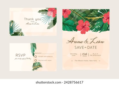 Wedding invitation collection. Invitation, rsvp, save the date, thank you cards with tropical hibiscus flowers and palm leaves
