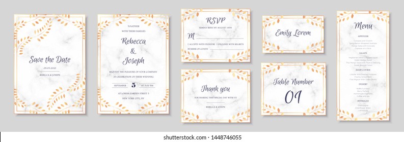 Wedding invitation collection with save the date, rsvp, menu, table number and name card vector templates. Elegant invitations set with autumn floral motives and gray marble texture.