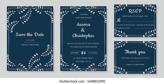 Wedding Invitation Collection With Save The Date And Rsvp Card Vector Templates. Elegant Invitations Set With Silver Floral Motives And Dark Blue Background.