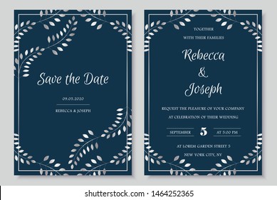 Wedding Invitation Collection With Save The Date Card Vector Templates. Elegant Invitations Set With Silver Floral Motives And Dark Blue Background.