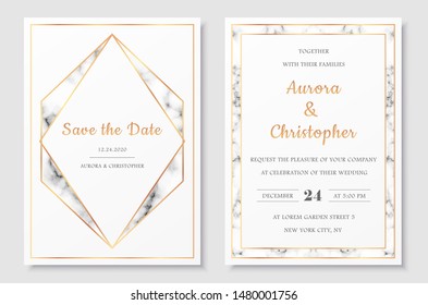 Wedding invitation collection with save the date card vector templates. Elegant invitations set with gold polygonal frames and gray marble texture.