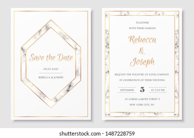 Wedding invitation collection with save the date card vector templates. Elegant invitations set with gold polygonal frames and gray marble texture.