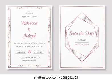 Wedding invitation collection with save the date card vector templates. Elegant invitations set with rose gold polygonal frames and gray marble texture.