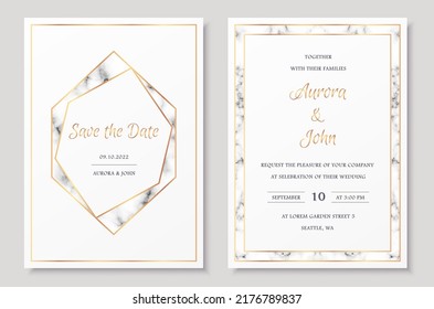 Colección de invitaciones de casamiento con la que se guardan las plantillas vectoriales de tarjetas de fecha. Elegantes invitaciones enmarcadas con marcos de poligono dorado y textura de mármol gris.