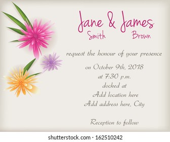 Wedding invitation with colorful abstract flowers background