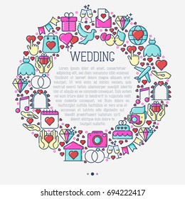 Wedding invitation concept in circle with thin line icons of dove, camera, photographer, bride, dress, balloons. Vector illustration for banner, web page, print media.