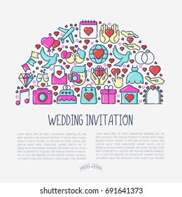 Wedding invitation concept in half circle with thin line icons of dove, camera, photographer, bride, dress, balloons. Vector illustration for banner or web page.