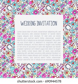 Wedding invitation concept with thin line icons of dove, camera, photographer, bride, dress, balloons. Vector illustration for banner or web page.