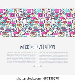 Wedding invitation concept with thin line icons of dove, camera, photographer, bride, dress, balloons. Vector illustration for banner, web page, print media.