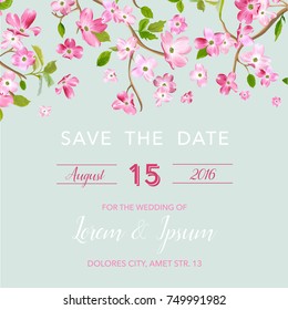 Wedding Invitation or Congratulation Card, Save the Date Blooming Spring and Summer Floral Frame. Watercolor Sakura Flowers for Bridal Shower Postcard in Vector 