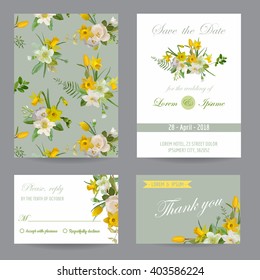 Wedding Invitation. Congratulation Card Set. Save the Date. Spring Flowers. Vector Postcards.