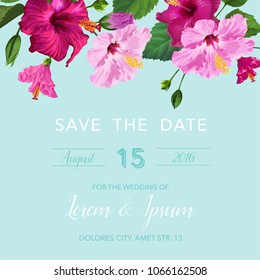 Wedding Invitation Congratulation with Purple Hibiscus Flowers. Save the Date Floral Card for Greetings, Anniversary, Birthday. Botanical Design. Vector illustration