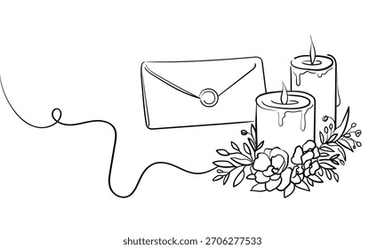 Hochzeitseinladung, durchgehende Linienzeichnung. Kerzen mit Blumenumrissen. Vektorgrafik