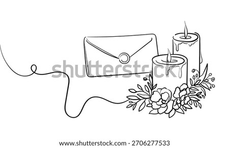 Wedding invitation, continious line drawing. Candles with flowers outline. Vector illustration