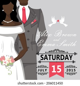 The wedding invitation with couple bride and groom with vignettes,ribbon,pigeons.Retro  design template.The vector.