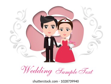wedding Invitation couple cartoon, cute character design red and scott pattern wedding suit - vector illustration,digital craft.paper art and craft style.
