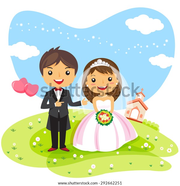 結婚式の招待カップルの漫画 かわいいキャラクターデザイン ベクターイラスト のベクター画像素材 ロイヤリティフリー 292662251