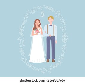 wedding invitation. Couple characters in wedding dresses and suits are standing. Flowers and plants are decorated in a circular frame. flat design style vector illustration.