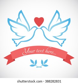 Wedding invitation with couple doves and heart. Doves flat vector illustration. Pigeon silhouette. Two lovely birds with heart. Love scene vector illustration. 