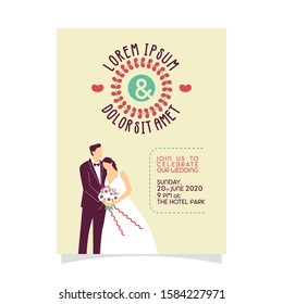 Wedding invitation with couple flat vector charachter. modern design flat vector for marriage. graphic illustration. married concept. Groom and bride card template.