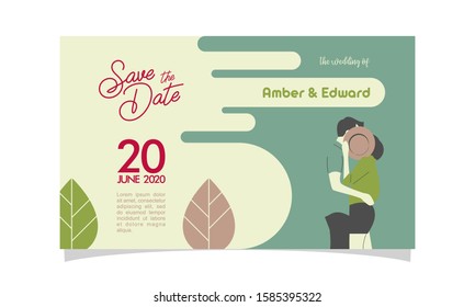 Wedding invitation with couple flat vector charachter. modern design flat vector for marriage. graphic illustration. married concept. Groom and bride card template.
