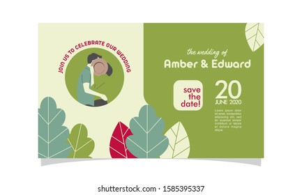 Wedding invitation with couple flat vector charachter. modern design flat vector for marriage. graphic illustration. married concept. Groom and bride card template.
