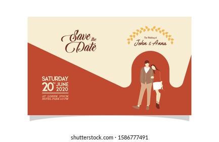 Wedding invitation with couple flat vector charachter. modern design flat vector for marriage. graphic illustration. married concept. Groom and bride card template.