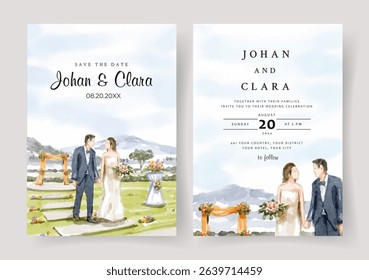 Wedding invitation with a couple and wedding gate watercolor