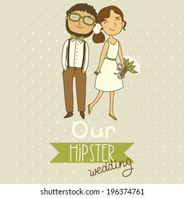 Wedding invitation with a couple of hipsters. Our hipster wedding