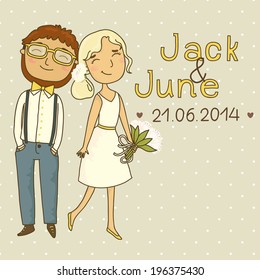 Wedding invitation with a couple of hipsters. Save the date. eps 10