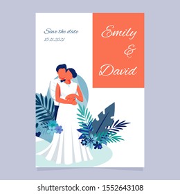 Wedding invitation with couple on blue background with hearts and tropical leaves. Wedding invitation template. Vector