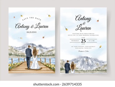 Wedding invitation with wedding couple on dock and lake view watercolor
