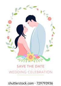 Wedding invitation with couple template design, card, vector illustration