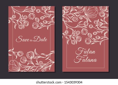 wedding invitation cover set with beauty floral tulip flower abstract doodle hand drawn style ornament decoration background mockup elegant template vector illustration vintage frame