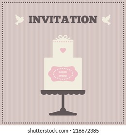Wedding invitation. Cream, pink and brown colors. Illustration of wedding cake, inscription with two doves.