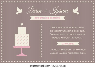 Wedding invitation. Cream, pink and brown colors. Illustration of wedding cake, inscription with two doves.