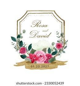 wedding invitation crest with pink floral watercolor