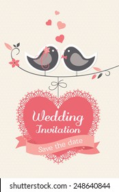 Wedding invitation with cute birds