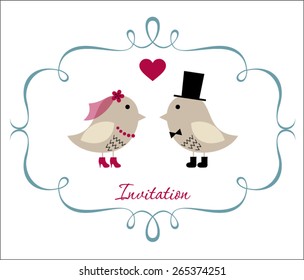 Wedding invitation with cute birds in hand drawn frame