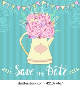 Wedding invitation with cute bouquet in pastel colors