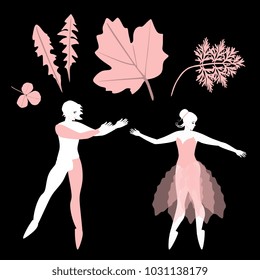 Wedding invitation with cute cartoon ballet dancers and pink leaves, isolated on black background. Vintage style. Luxury vector illustration.