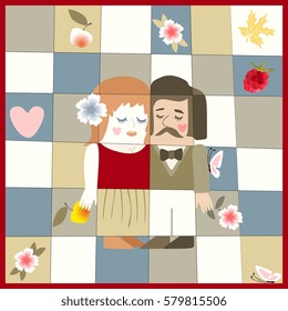 Wedding invitation with cute cartoon man and woman, raspberry, apples, butterflies,flowers and heart. Save the date. Unusual greeting card. Romantic illustration.
