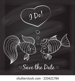 Wedding invitation with cute fishes on the chalkboard