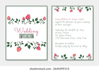 wedding invitation in cute floral style with rosebuds inside template with date and ceremony place