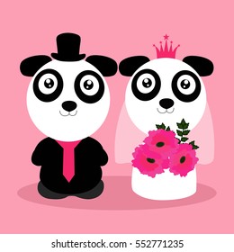 Wedding invitation with cute pandas. Illustration of a Bride and Groom with cute bears. 