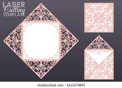 Wedding invitation cutout paper four fold card template for laser cutting. Square envelope with patterned corners, Suitable for greeting cards, invitations, menus.