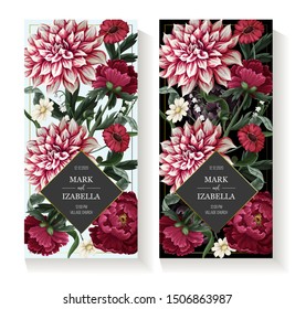 Wedding invitation with dahlia, peonies and wild flowers. Vector.